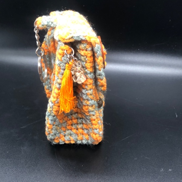Handmade Crochet Mini Bag Keychain –Orange & Grey Key Ring w/Heart Button Tassel - Picture 6 of 11
